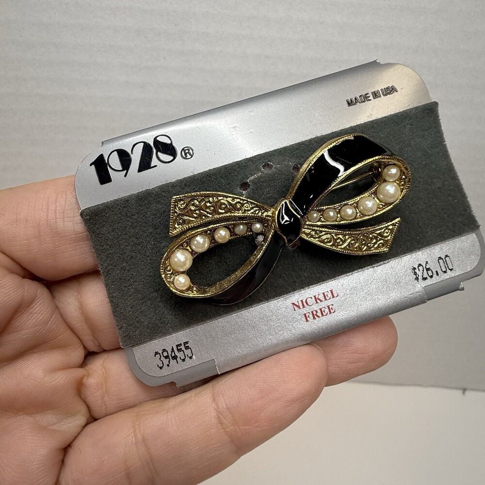 1928 Vintage Black Enamel Embossed Gold Embedded Faux Pearl Bow Brooch 2”x1” New